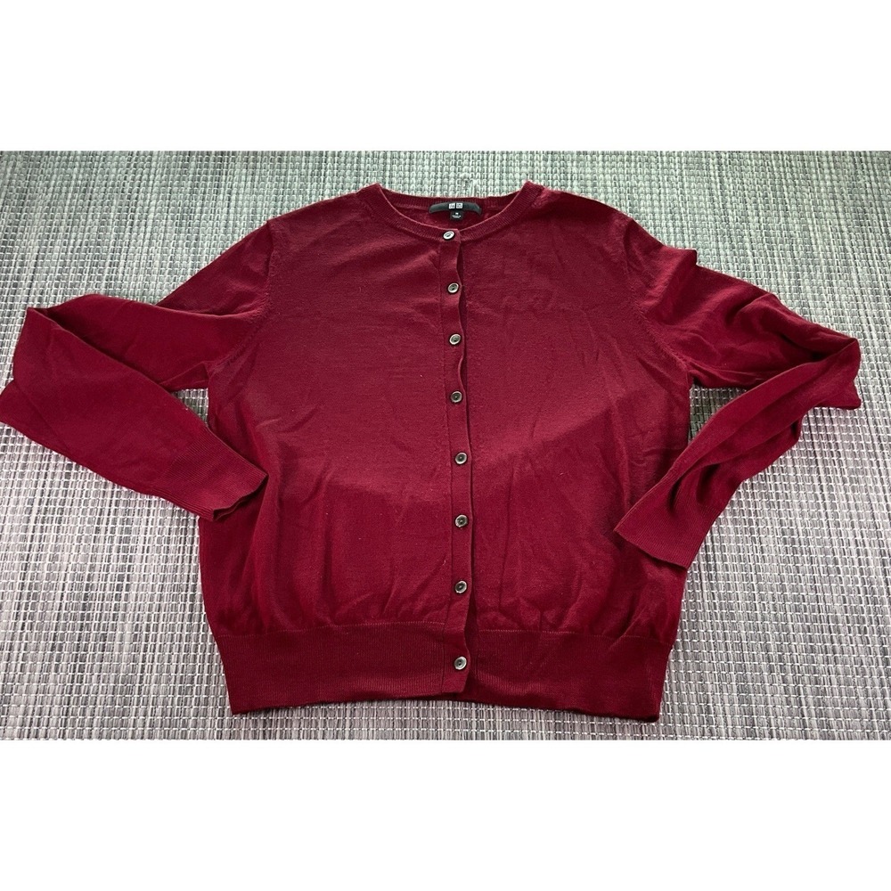 Uniqlo Women Maroon Pure New Wool Button Front Crew Neck Cardigan Sweater Size M